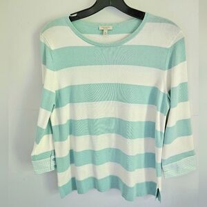 Talbots Aqua and White Cotton Summer Striped Sweater Gingham Cuffs